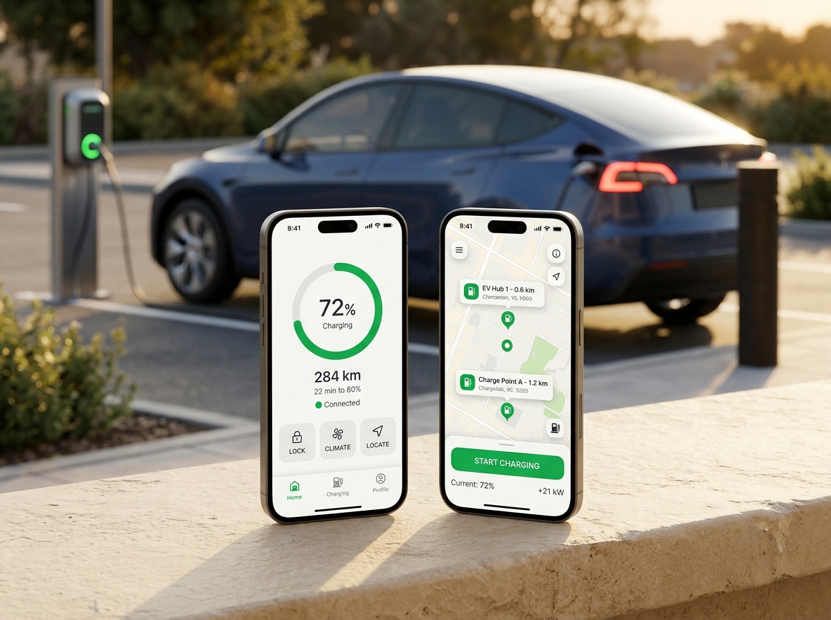 EV companion app on two phones beside a charging car